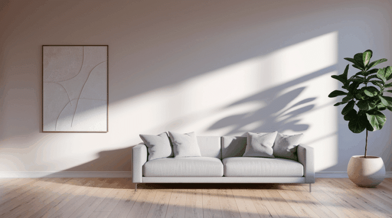 Helles minimalistisches Wohnzimmer mit Pflanze